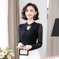 蕾丝打底衫女长袖T恤2019秋冬新款洋气v领百搭气质女士网纱上衣