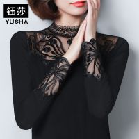 加绒蕾丝打底衫女长袖2019秋冬新款大码镂空网纱上衣修身洋气小衫