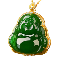 依帝魅18K金镶嵌天然和田玉碧玉佛吊坠笑佛弥勒佛女挂件带证书