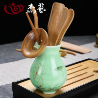 艺嘉赫陶瓷茶道六君子套装收纳筒黑檀木实木茶具配件家用竹制茶艺组摆件 青瓷【茶道】鱼戏荷塘