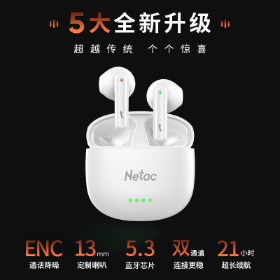 Netac朗科LK35真无线蓝牙耳机双通道连接 13mm大喇叭OVP过压保护 30轮质量检测 陶瓷天线抗干扰