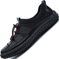 公牛乐途2021无鞋带旅游休闲夏天男士真皮鞋夏款鞋夏季男鞋子透气面全黑色