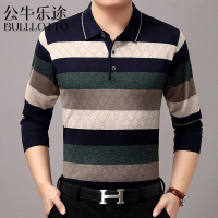 公牛乐途2021中年男士长袖T恤仿桑蚕丝上衣爸爸装春夏中老年宽松翻领男