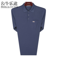 公牛乐途2021春季中老年男装长袖T恤上衣修身爸爸装体恤衫纯色翻领有口袋体恤