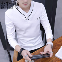 公牛乐途2021春秋衣男休闲帅气潮流T恤男长袖新款小衫上衣服V领打底衫体桖丅血土