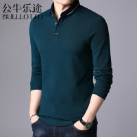 公牛乐途2021长袖T恤男青年宽松纯色体恤衫翻领中年有领秋装休闲上衣秋衣外穿