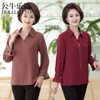 公牛乐途2021中老年女装春装长袖T恤打底衫宽松大码雪纺中年时尚洋气妈妈装