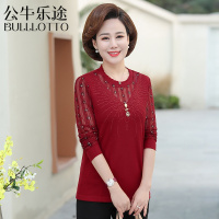公牛乐途2021中老年妈妈装打底衫长袖T恤中年女装宽松加大码春装上衣洋气蕾丝