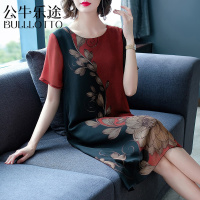 公牛乐途2021反季仿真丝仿桑蚕丝贵夫人连衣裙子阔太太洋气高贵短袖直筒过膝大码