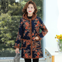 公牛乐途2021妈妈冬装棉衣加绒加厚中长款花棉袄中年中老年人女装秋冬外套棉服