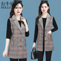 公牛乐途2021妈妈秋装新款格子马甲外套中长款中年中老年女装西装坎肩马夹外穿