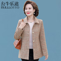 公牛乐途2021气质妈妈秋装外套短款年新款中年中老年女装春秋大码格子上衣