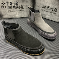 公牛乐途2021潮男冬季新款加绒男靴子防滑保暖一脚蹬板鞋牛皮短靴翻毛皮高帮鞋