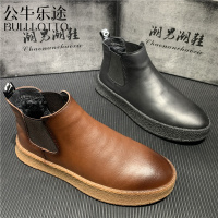 公牛乐途2021男皮靴冬季新款加绒棉鞋潮流防滑保暖一脚蹬高帮板鞋男士真皮短靴