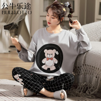 公牛乐途2021女士睡衣长袖纯棉春秋季薄款加大码可爱新款宽松家居服套装