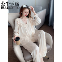 公牛乐途2021新款睡衣女春秋季仿冰丝花边长袖薄款可外穿仿真丝绸家居服套装