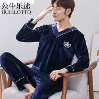 公牛乐途2021金丝绒睡衣男春秋冬季套装V领加绒加厚长袖两件套保暖男士家居服