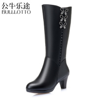 公牛乐途2021中筒靴长靴真皮中跟高跟秋冬季加厚单鞋羊毛加绒保暖防滑女棉靴子