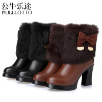 公牛乐途2021兔毛口短靴高跟女鞋加厚羊毛厚底粗跟真皮秋冬季女靴保暖棉靴子女