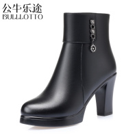 公牛乐途2021冬季女靴高跟短靴子加绒粗跟妈妈防滑厚底真皮中女棉鞋加厚羊毛