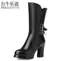 公牛乐途2021冬季女鞋加绒高跟防水台厚底粗跟加厚羊毛中筒靴真皮保暖女士靴子