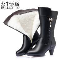 公牛乐途2021冬季新款真皮高跟女靴防滑粗跟加绒羊毛里皮靴中筒靴女棉靴子单靴