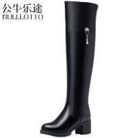 公牛乐途2021冬季真皮保暖粗跟厚底高筒靴子长筒过膝靴女中跟高跟加绒加厚羊毛