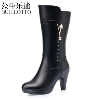公牛乐途2021秋冬季女鞋加绒高跟防水台厚底粗跟中跟羊毛中筒靴真皮保暖单靴子
