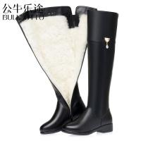 公牛乐途2021秋冬季真皮过膝靴长靴平跟单靴加厚绒羊毛里高筒防滑大码长筒靴女