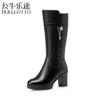 公牛乐途2021秋冬季防滑真皮羊毛女靴女士中筒靴高跟中单皮靴马靴妈妈棉靴子