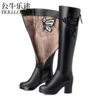 公牛乐途2021秋冬真皮女靴过膝长靴女款保暖高筒靴子高跟长筒棉靴粗跟厚底棉鞋