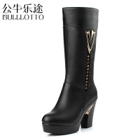 公牛乐途2021秋冬真皮高跟厚底女靴防滑粗跟皮靴单靴加绒羊毛里中筒靴女棉靴子