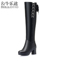 公牛乐途2021靴子女秋冬季高跟长靴女单靴高筒骑士靴加绒加厚羊毛保暖真皮棉靴