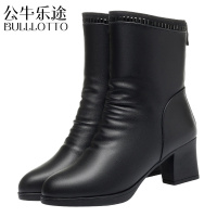 公牛乐途2021妈妈靴子冬季棉鞋中跟加绒真皮软底防滑保暖中年中老年中筒靴女鞋