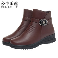 公牛乐途2021妈妈鞋棉鞋真皮软底秋冬季加绒保暖舒适女靴粗跟中年中老年短靴子