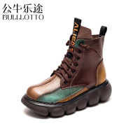 公牛乐途手工原创2021秋季新款时尚真皮牛皮女鞋圆头潮流厚底撞色马丁靴