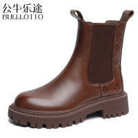 公牛乐途2021秋季新款真皮烟筒靴女厚底一脚蹬马丁靴增高复古短靴切尔西靴子