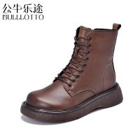 公牛乐途原创手工真皮女鞋2021秋季新款复古头层牛皮大头娃娃鞋短靴马丁靴