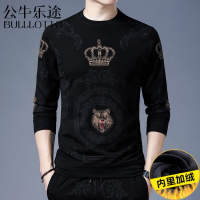 公牛乐途2021加绒加厚中年男士长袖T恤保暖宽松卫衣圆领爸爸印花上衣服打底衫