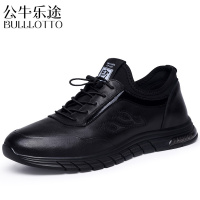 公牛乐途2021男鞋秋季新款潮头层牛皮防滑软底皮鞋男士黑色真皮休闲运动鞋子男