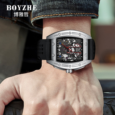 博雅哲(BOYZHE)品牌手表硅胶带机械表理酒桶抖音直播火爆男士腕表