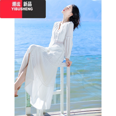 YIBUSHENG白色连衣裙法式气质V领长袖仙女长裙子旅游拍照度假风海边沙滩裙