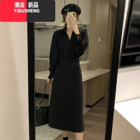 YIBUSHENG高级感长袖黑色连衣裙女春秋2023新款法式复古收腰显瘦打底长裙子