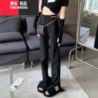 YIBUSHENG设计感黑色高腰休闲裤女装季2023新款辣妹镂空开叉显瘦直筒长裤