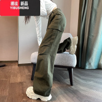 YIBUSHENG工装裤女2023年新款高腰遮胯小个子直筒复古美式牛仔阔腿裤子