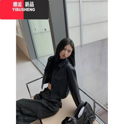 YIBUSHENG黑色短款pu皮衣女2023外套美式高级感炸街机车夹克上衣