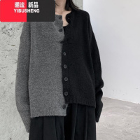 YIBUSHENG暗黑设计开衫毛衣女拼色不规则设计宽松个性小众外套针织上衣