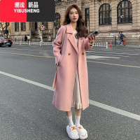 YIBUSHENG粉色双面呢大衣女2023年新款韩版宽松中长款系带毛呢外套