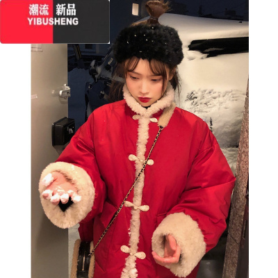 YIBUSHENG红色民族风拜年羽绒棉服女冬短款中国风棉袄汉服棉衣复古结婚外套