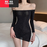YIBUSHENG 网红性感辣妹一字领闪闪紧身包臀小黑裙长袖包臀连衣裙女